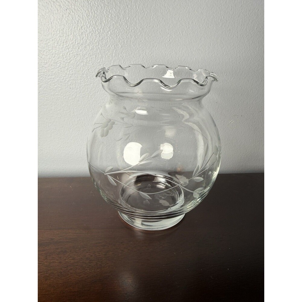 Princess House Heritage Crystal Etched Ruffled Scalloped Rim Vase Vintage 5.5"T